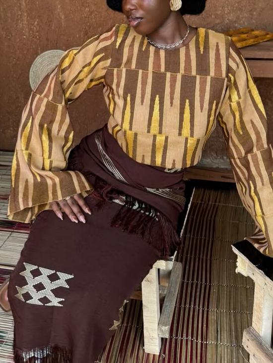 Ethnic Print Long Sleeve Top & Skirt Two-Piece Set