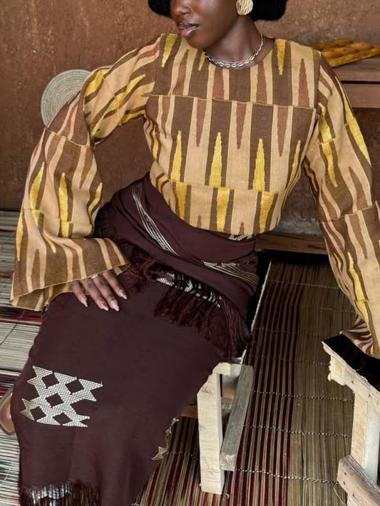 Ethnic Print Long Sleeve Top & Skirt Two-Piece Set