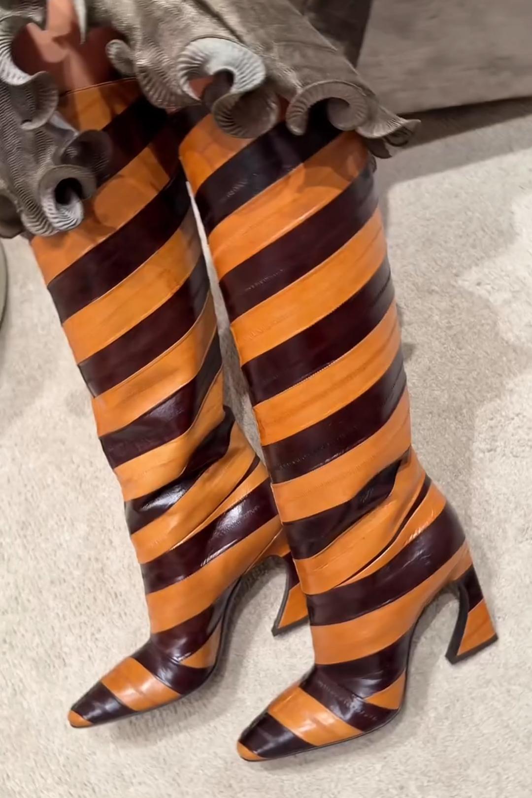 Color-Block Striped High-Heel Tall Boots