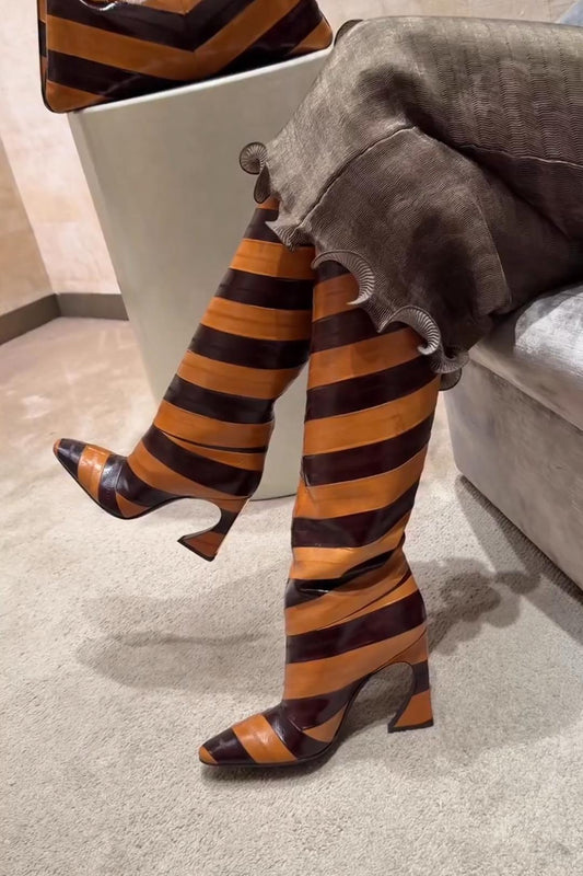 Color-Block Striped High-Heel Tall Boots