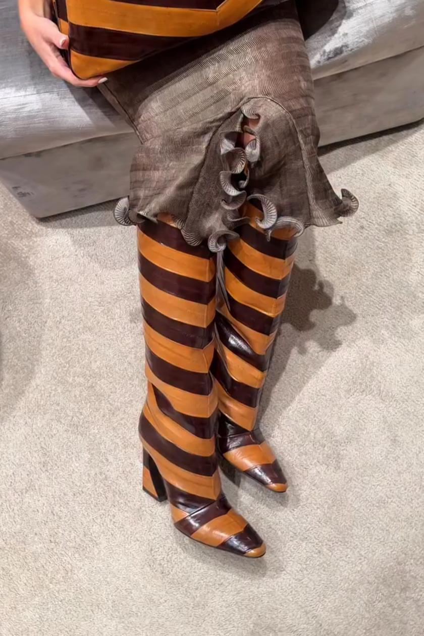 Color-Block Striped High-Heel Tall Boots