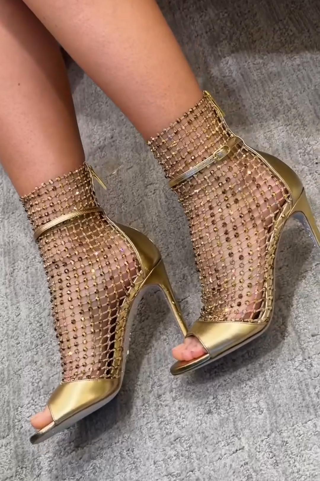 Shiny Mesh Open-Toe High-Heel Ankle Boots