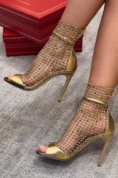 Shiny Mesh Open-Toe High-Heel Ankle Boots
