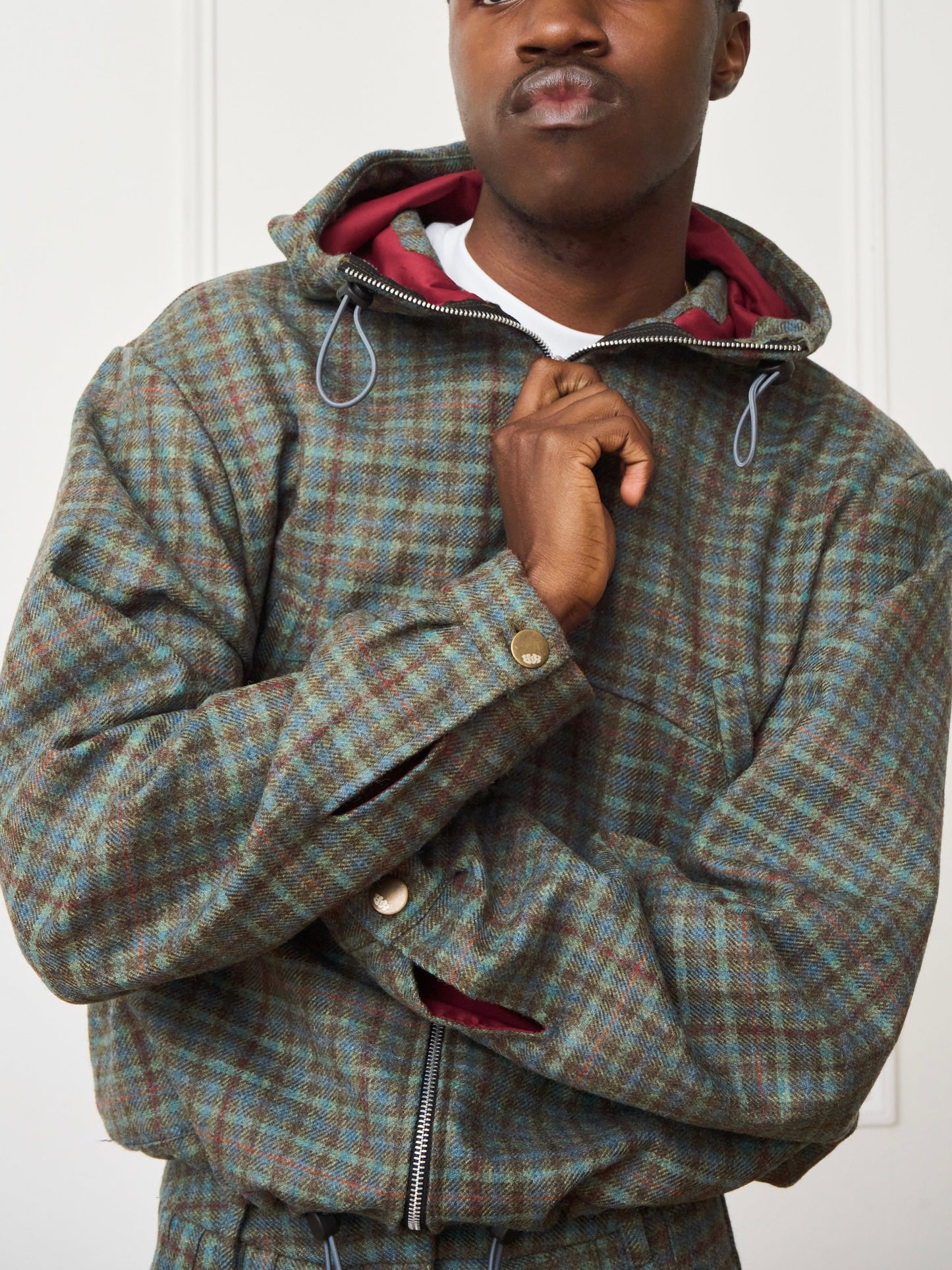 Green Plaid Hooded Jacket & Loose Long Pants Two-Piece Set