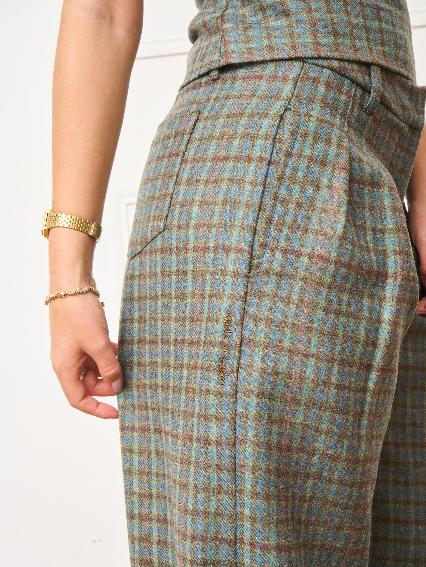 Green Plaid Hooded Jacket & Loose Long Pants Two-Piece Set