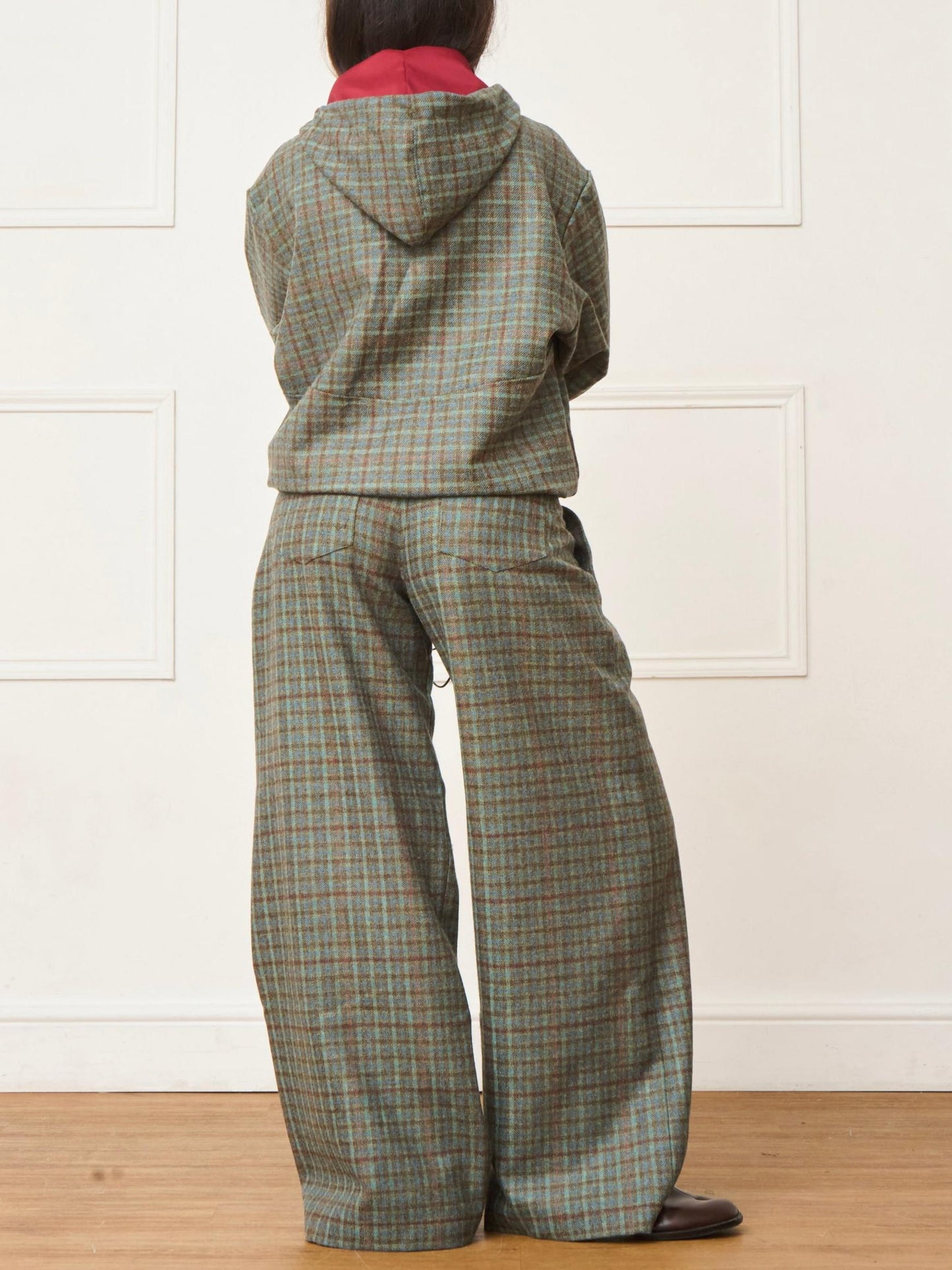 Green Plaid Hooded Jacket & Loose Long Pants Two-Piece Set