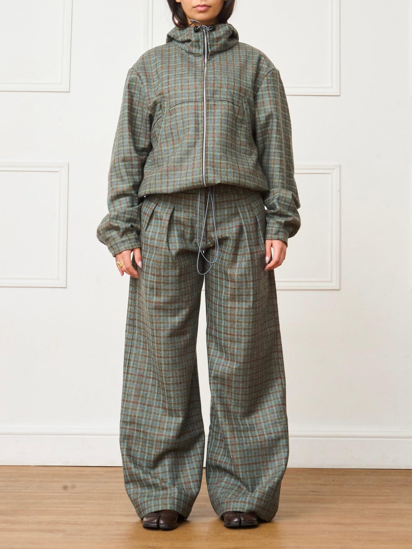 Green Plaid Hooded Jacket & Loose Long Pants Two-Piece Set