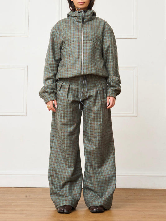Green Plaid Hooded Jacket & Loose Long Pants Two-Piece Set