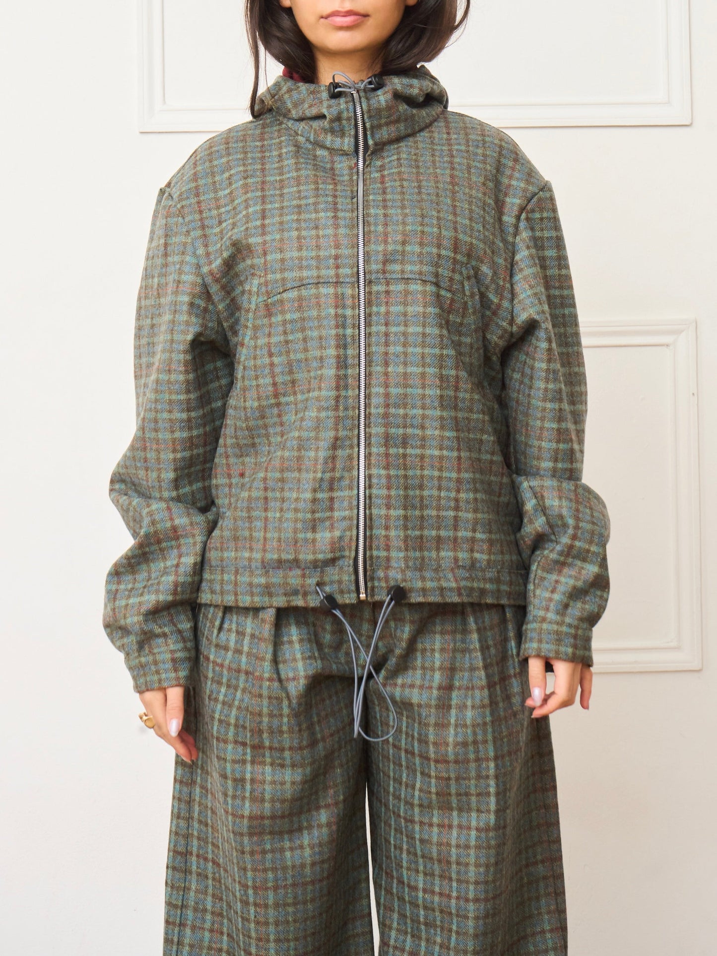 Green Plaid Hooded Jacket & Loose Long Pants Two-Piece Set