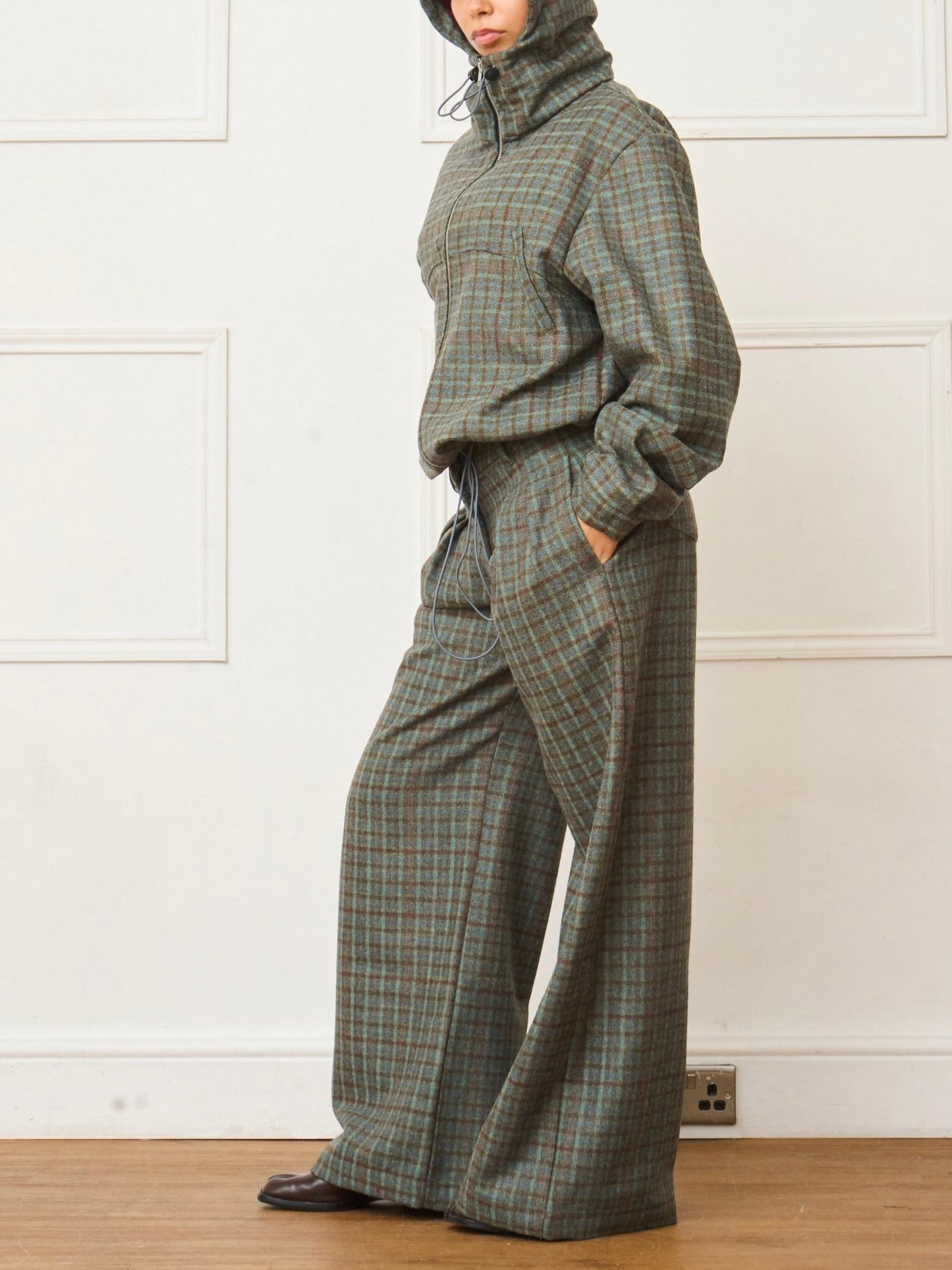Green Plaid Hooded Jacket & Loose Long Pants Two-Piece Set