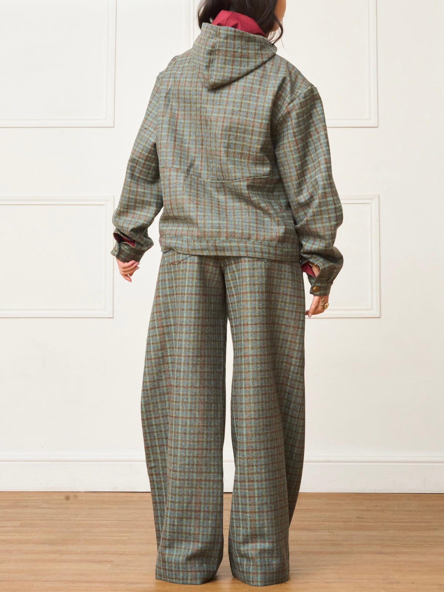 Green Plaid Hooded Jacket & Loose Long Pants Two-Piece Set