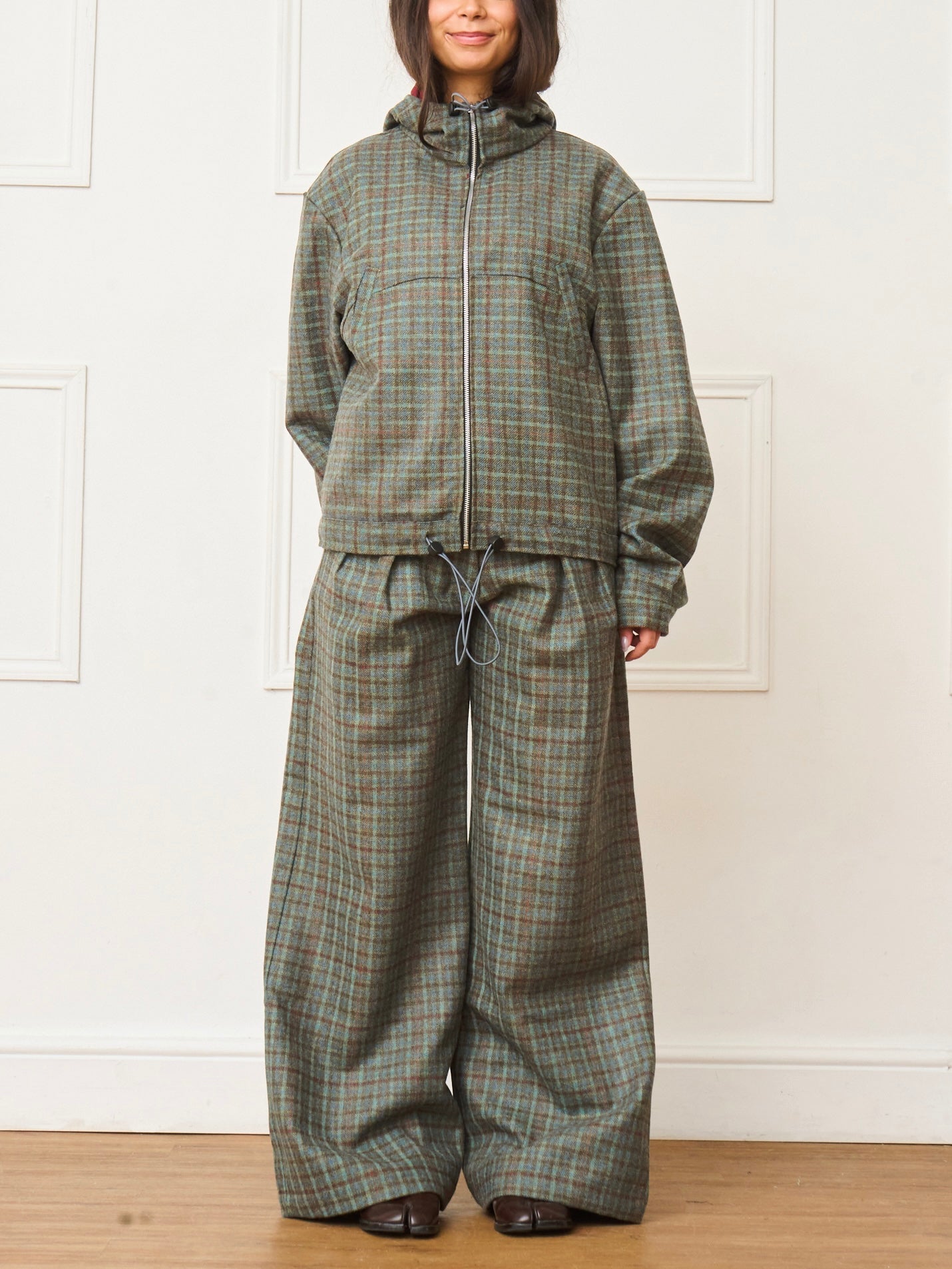 Green Plaid Hooded Jacket & Loose Long Pants Two-Piece Set