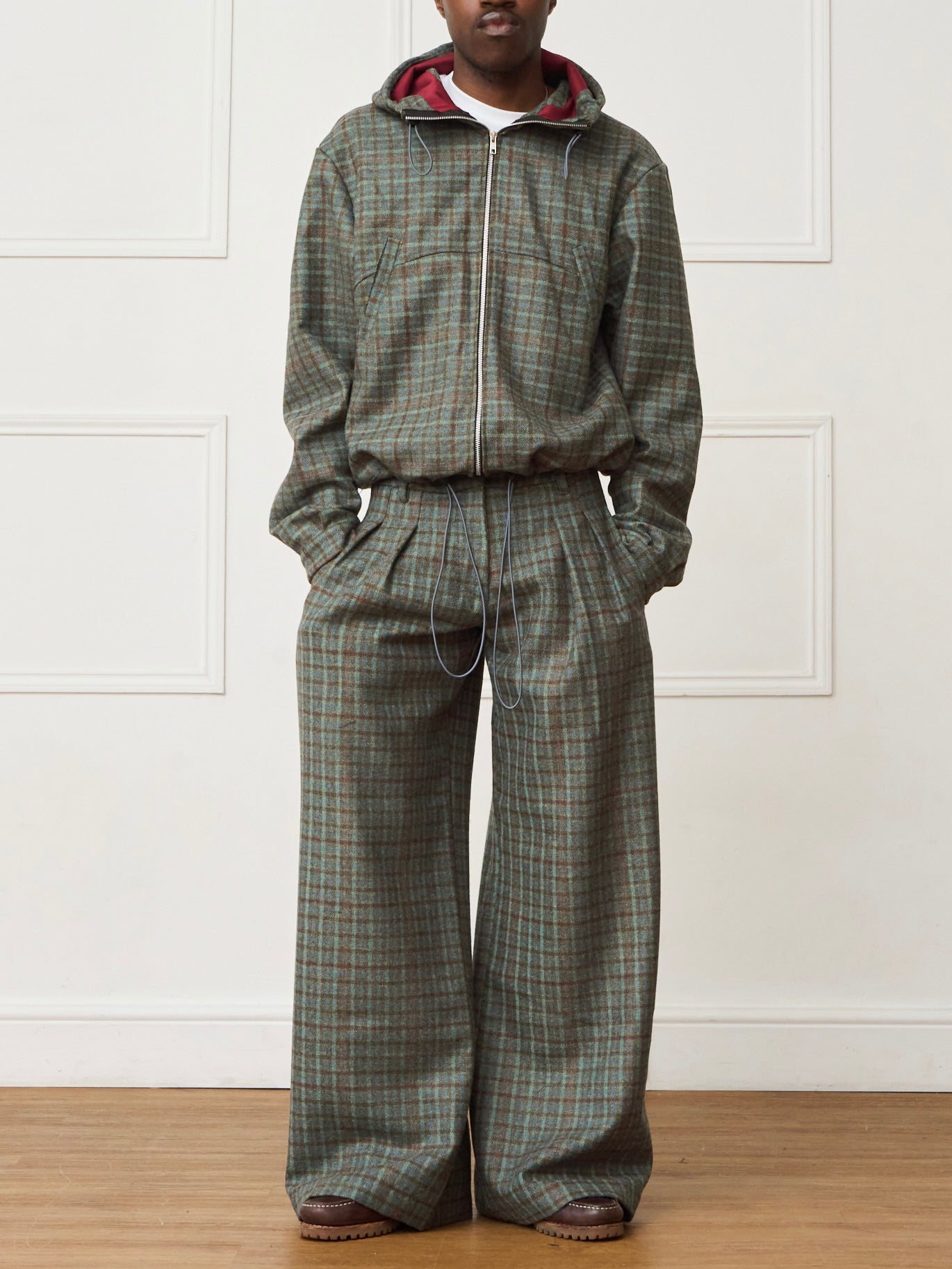 Green Plaid Hooded Jacket & Loose Long Pants Two-Piece Set