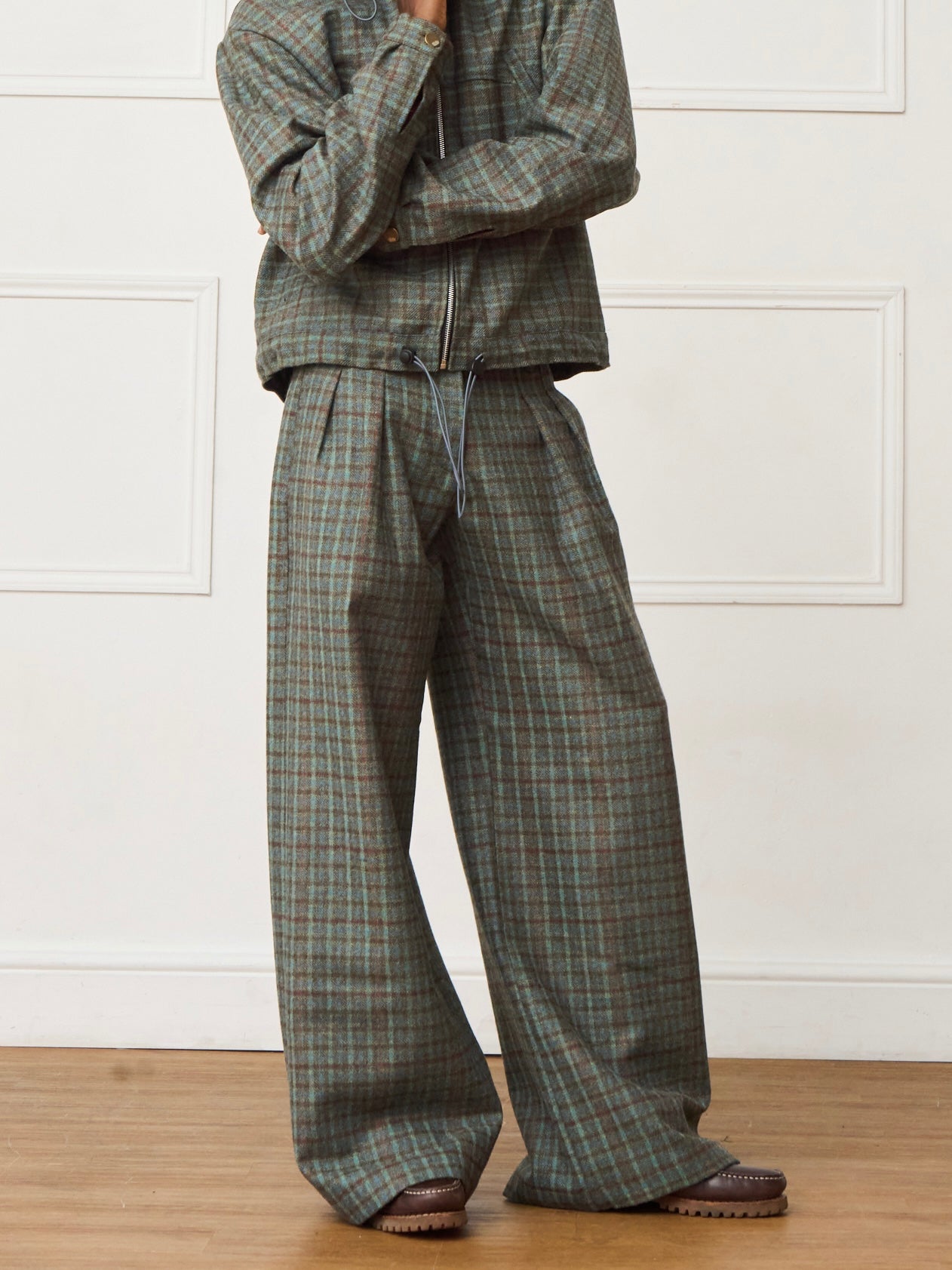 Green Plaid Hooded Jacket & Loose Long Pants Two-Piece Set
