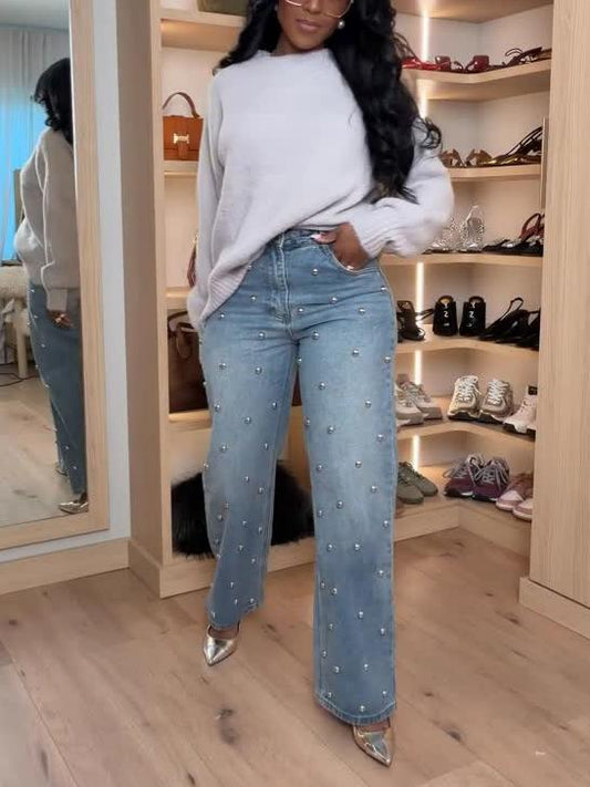 Mid Blue Dome Stud High Waisted Denim Jeans