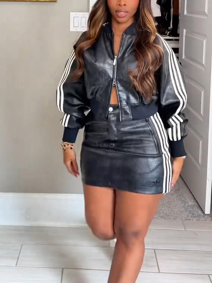 Faux Leather Short Jacket & Mini Skirt Two-Piece Set