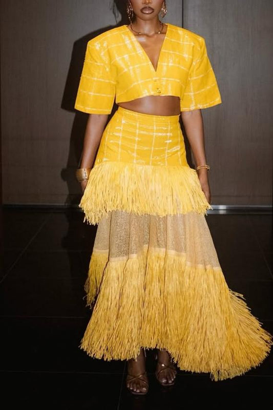 Woven Cropped Top & Layered Raffia Skirt Set