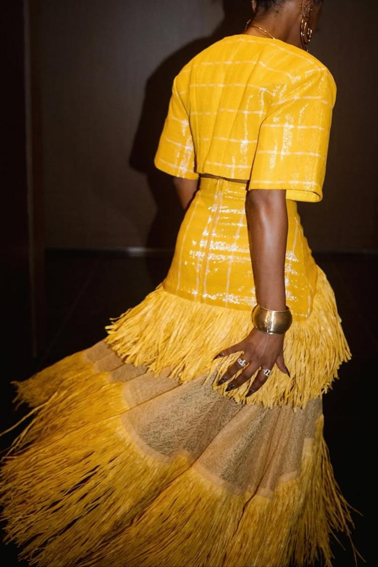 Woven Cropped Top & Layered Raffia Skirt Set