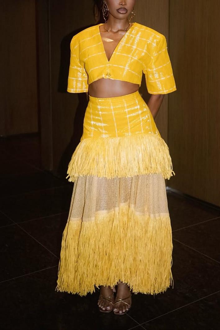 Woven Cropped Top & Layered Raffia Skirt Set
