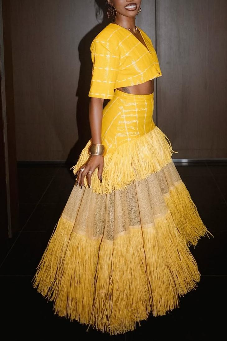 Woven Cropped Top & Layered Raffia Skirt Set