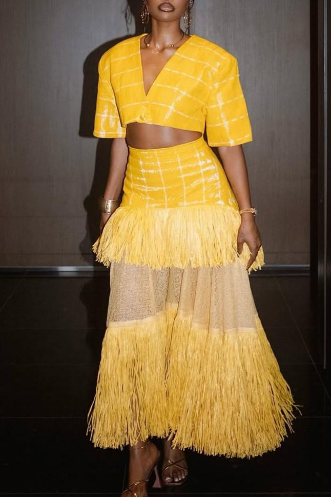 Woven Cropped Top & Layered Raffia Skirt Set