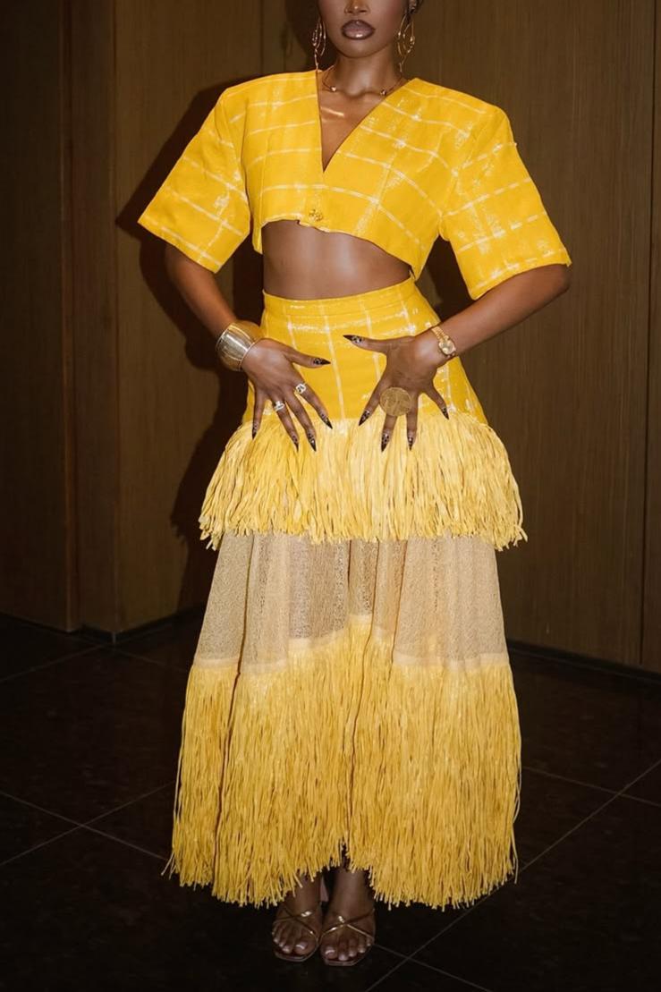 Woven Cropped Top & Layered Raffia Skirt Set