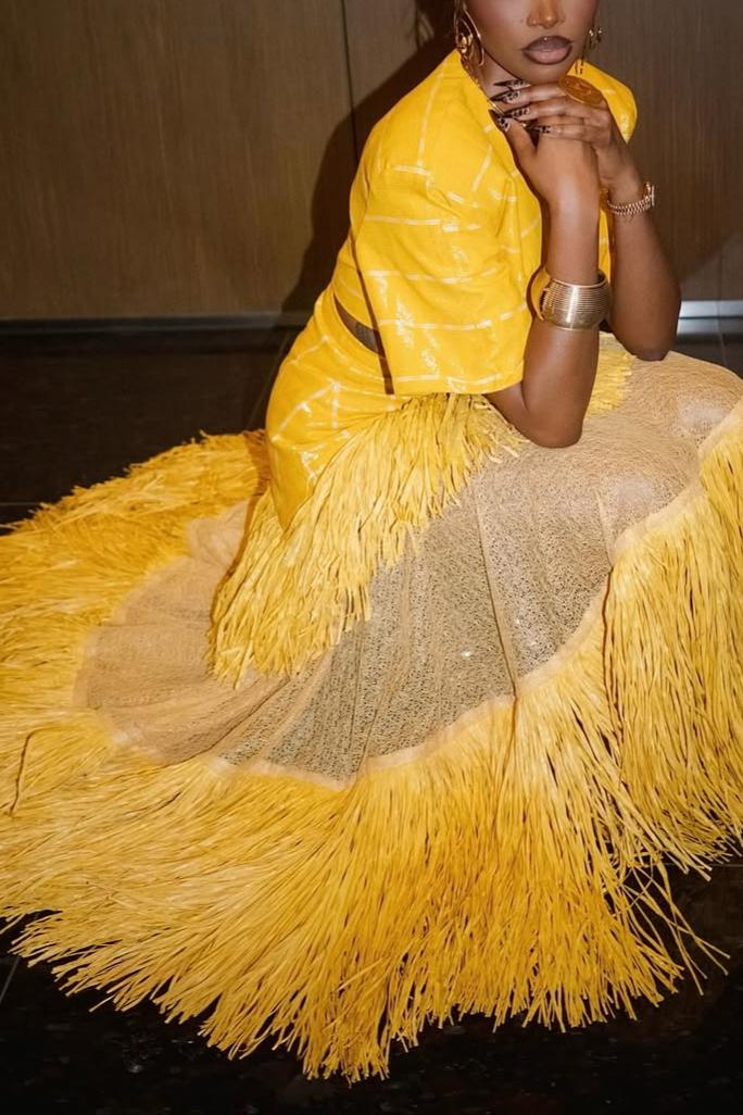 Woven Cropped Top & Layered Raffia Skirt Set