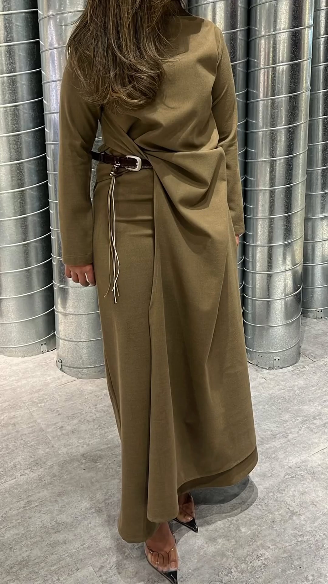 Draped Twist Waist Long Sleeve Dress