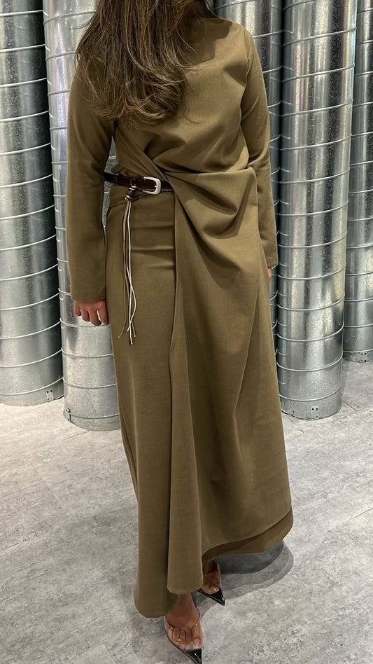 Draped Twist Waist Long Sleeve Dress