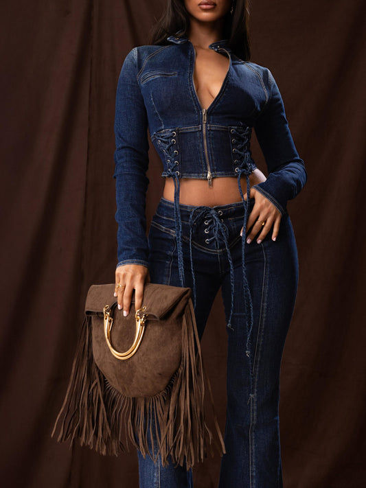 Tie-Waist Fitted Denim Jacket