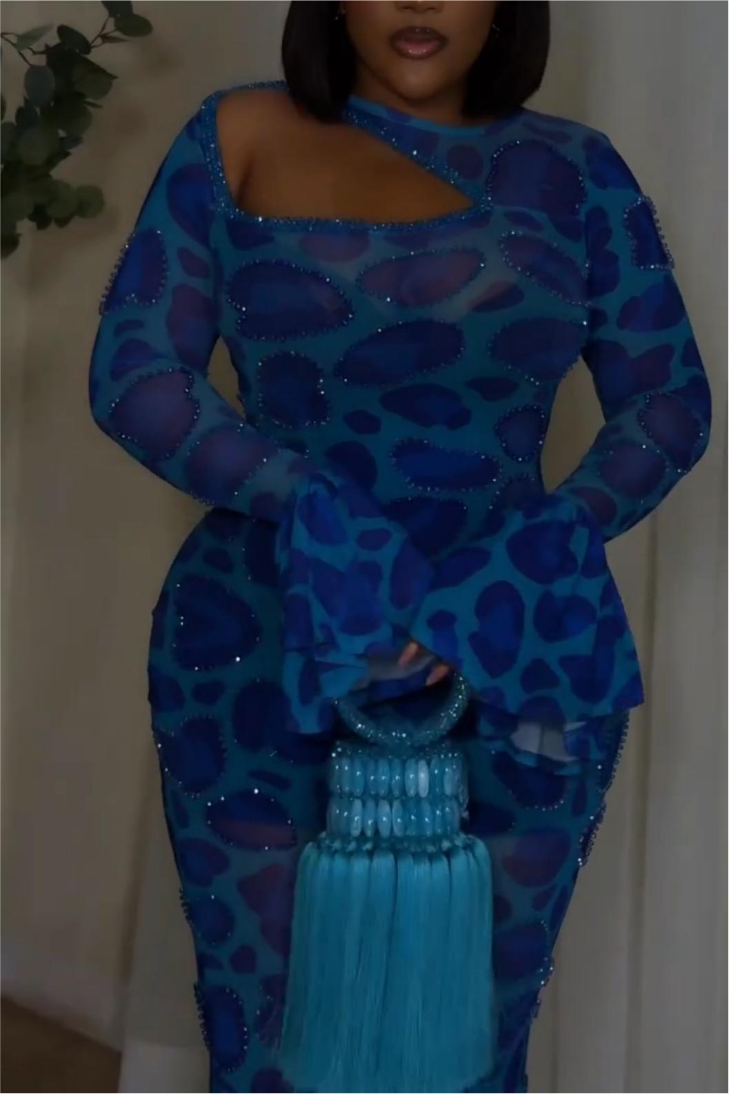 Blue Print Hand Beaded Dress