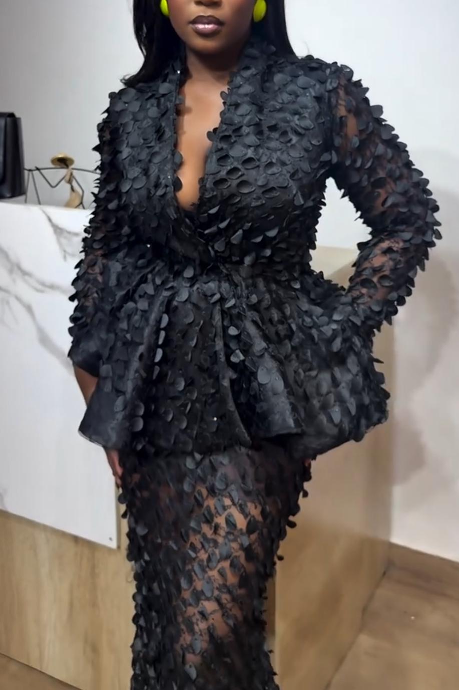 Petal-Detail Sheer Flared Top & Skirt Co-Ord Set