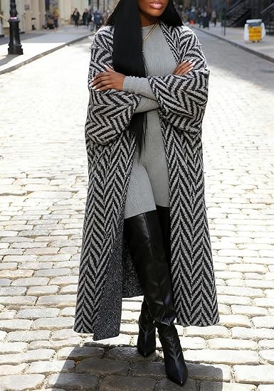 Women Long Winter Striped Oversized Chunky Knit Cardigan Sweaters