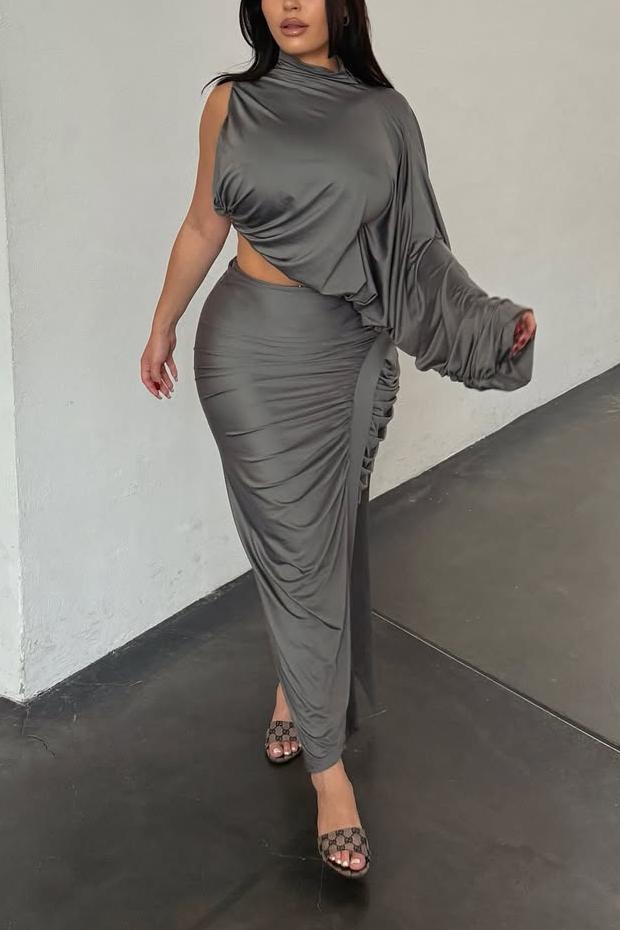 Asymmetrical Ruched Satin Midi Skirt Set