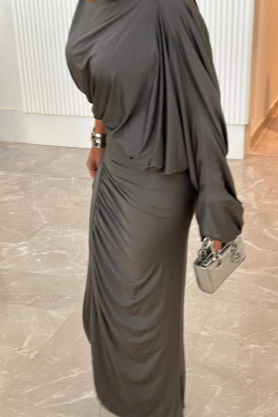 Asymmetrical Ruched Satin Midi Skirt Set