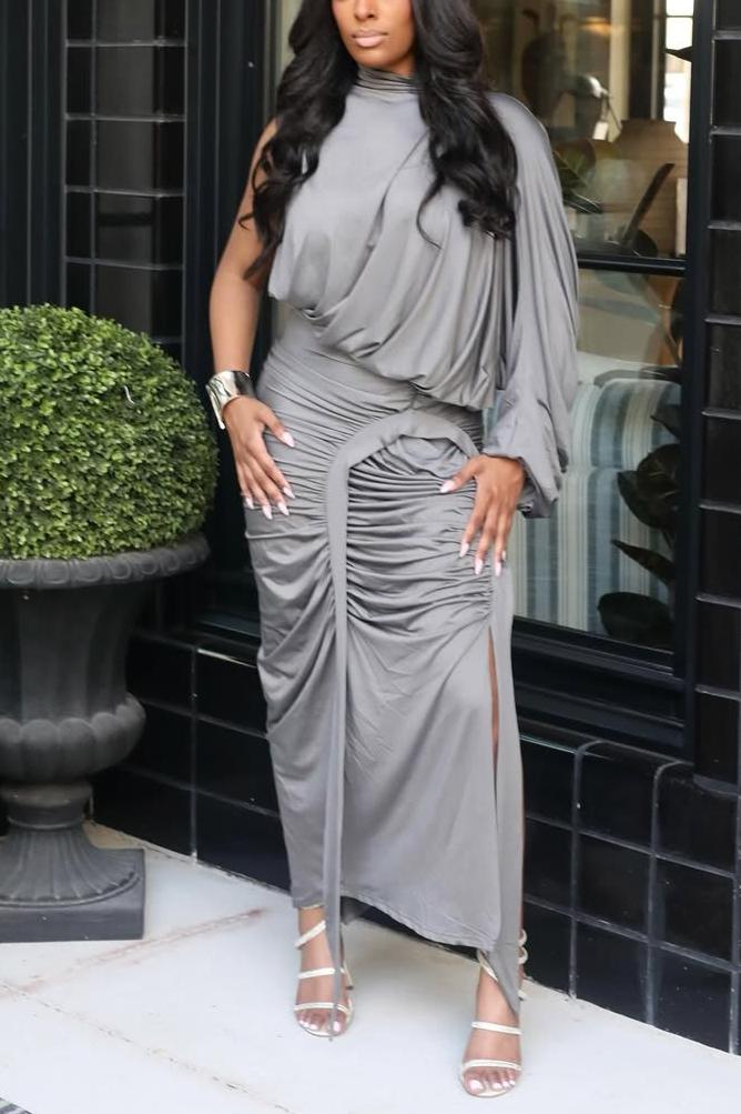 Asymmetrical Ruched Satin Midi Skirt Set