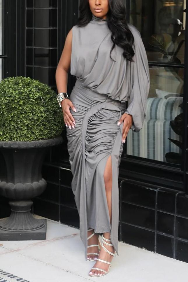 Asymmetrical Ruched Satin Midi Skirt Set