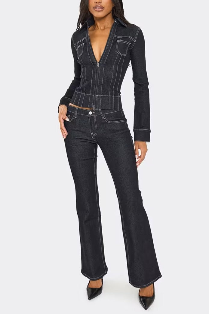 Distressed Crucifix Detail Cropped Jacket & Low Rise Seam Detail Flared Jeans Set