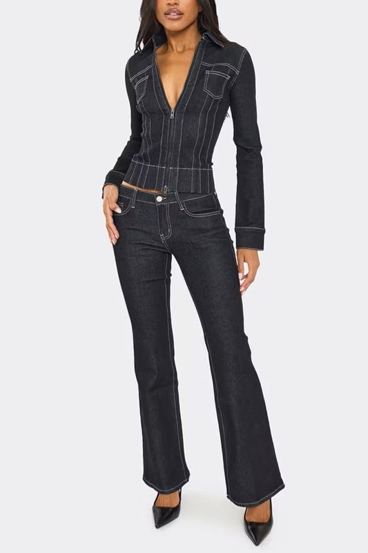 Distressed Crucifix Detail Cropped Jacket & Low Rise Seam Detail Flared Jeans Set