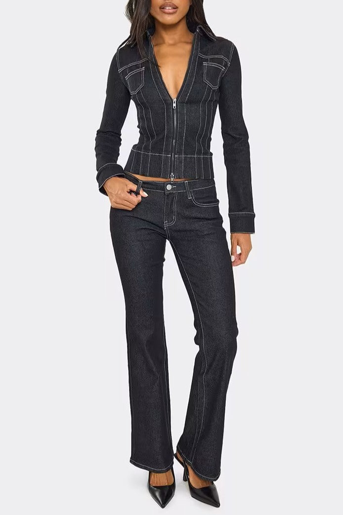 Distressed Crucifix Detail Cropped Jacket & Low Rise Seam Detail Flared Jeans Set