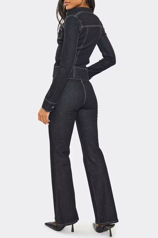 Distressed Crucifix Detail Cropped Jacket & Low Rise Seam Detail Flared Jeans Set