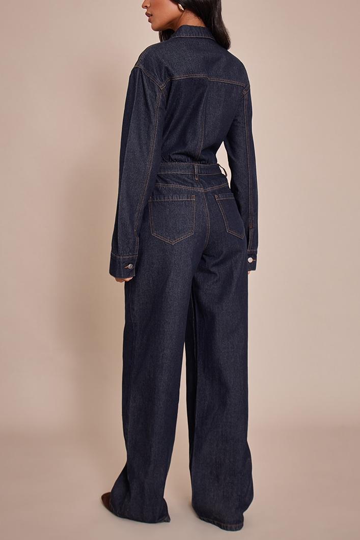 Tall Indigo Contrast Stitch Long Sleeve Denim Jumpsuit