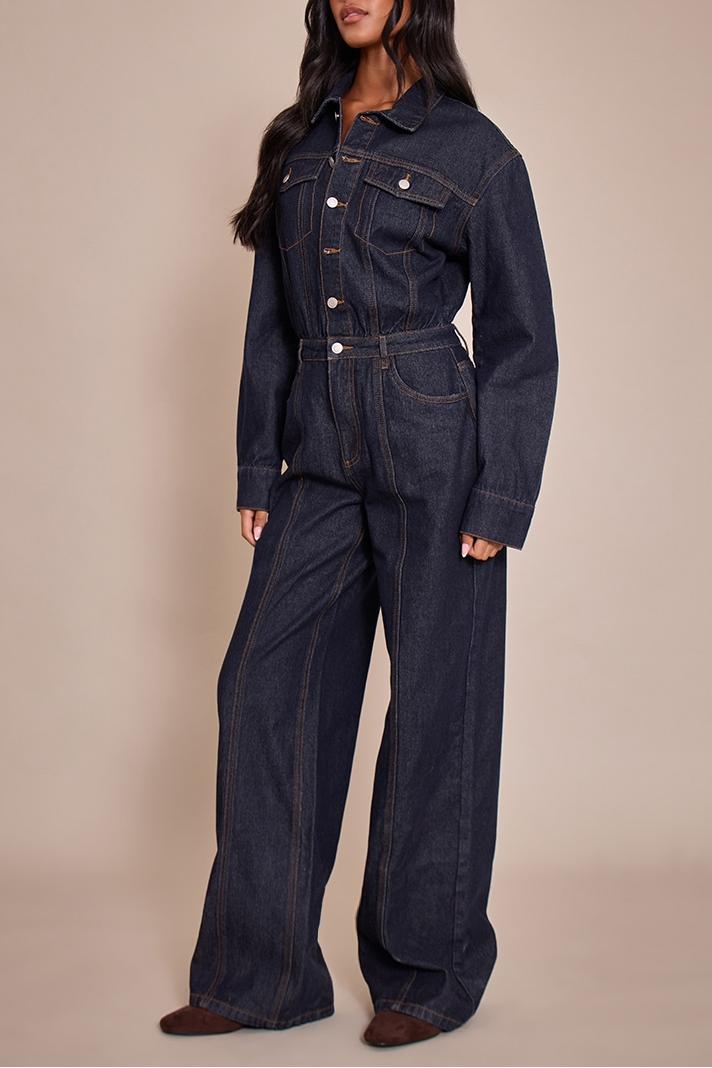 Tall Indigo Contrast Stitch Long Sleeve Denim Jumpsuit