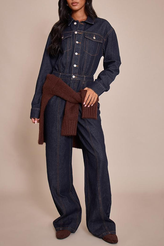 Tall Indigo Contrast Stitch Long Sleeve Denim Jumpsuit