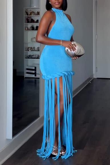 Halter Dress with Long Tassel Hem
