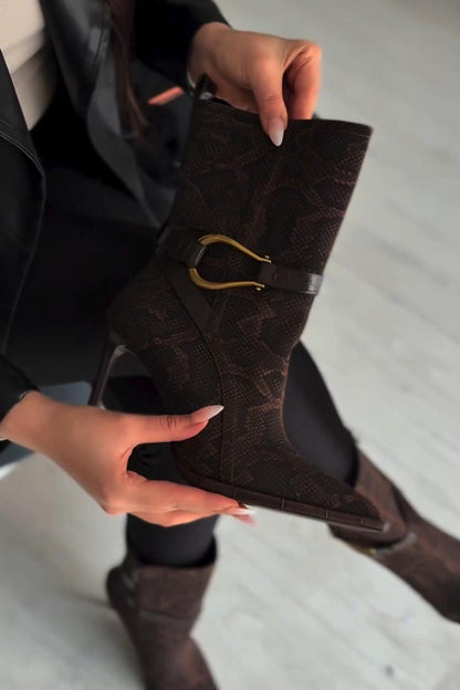 Snakeskin-Print High Heel Boots