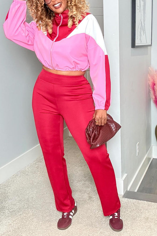 2 Piece Outfits Colorblock Zip Up Cropped Jacket Pants Sweatsuits Sets