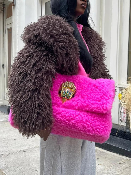 Oversized Plush Bag with Metal Ornament and Chain Strap