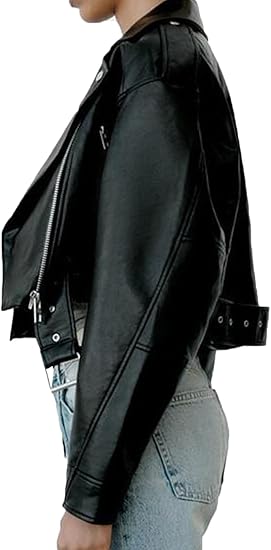 Faux Leather Lapel Zipper Biker Cropped Jacket