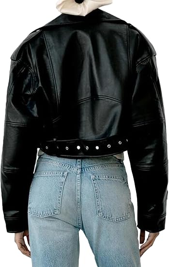 Faux Leather Lapel Zipper Biker Cropped Jacket